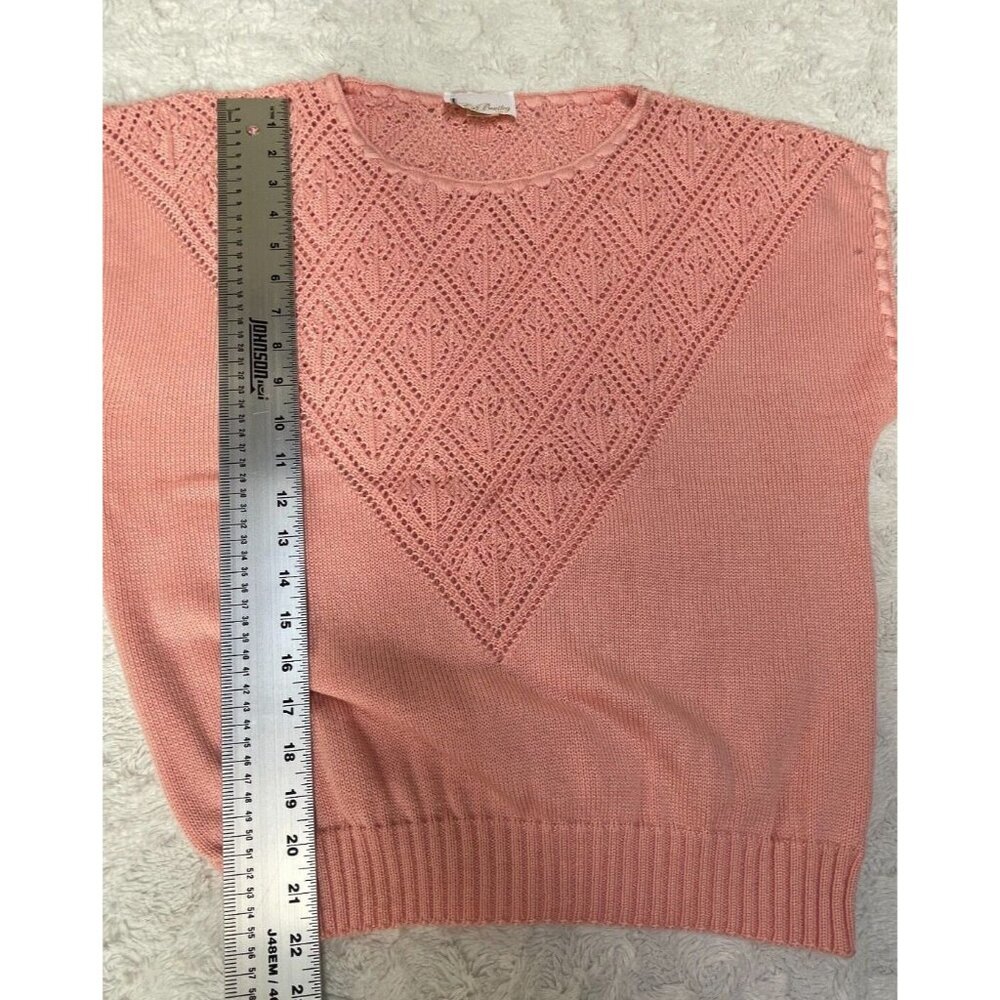 Vintage T. R. Bentley Short Sleeve Embroidered Knit Sweater Pullover Pink Beachy - Picture 3 of 8